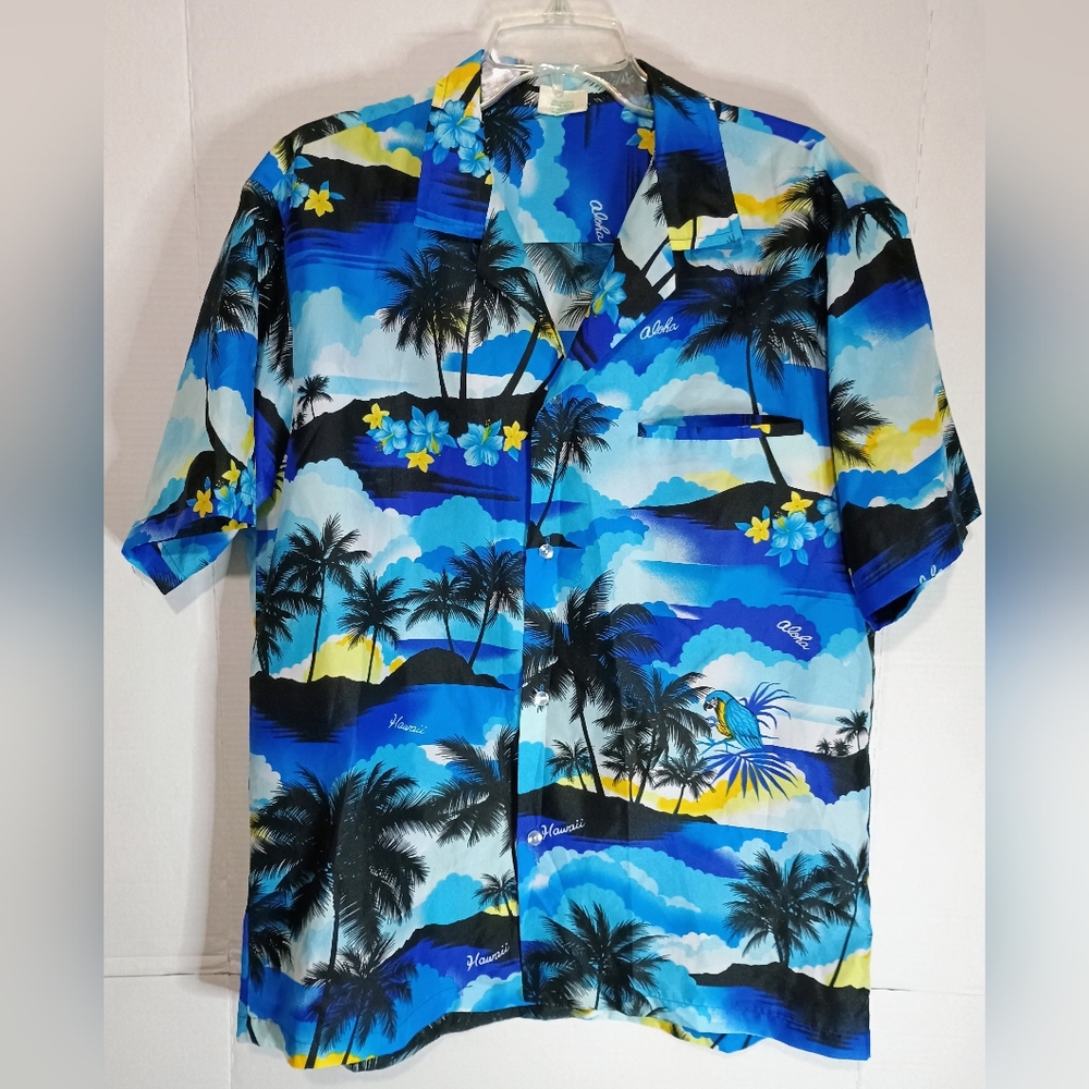 Vintage Blue Hawaiian Men's Jade Fashion Print Shirt Size Large